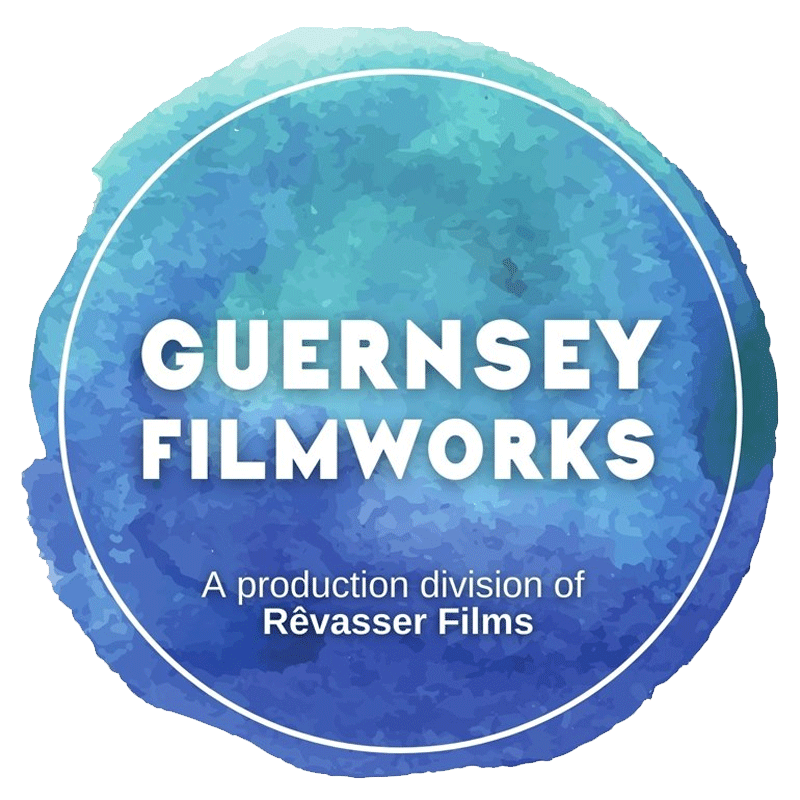 The logo for Guernsey Filmworks featuring a blue badge with text on it.